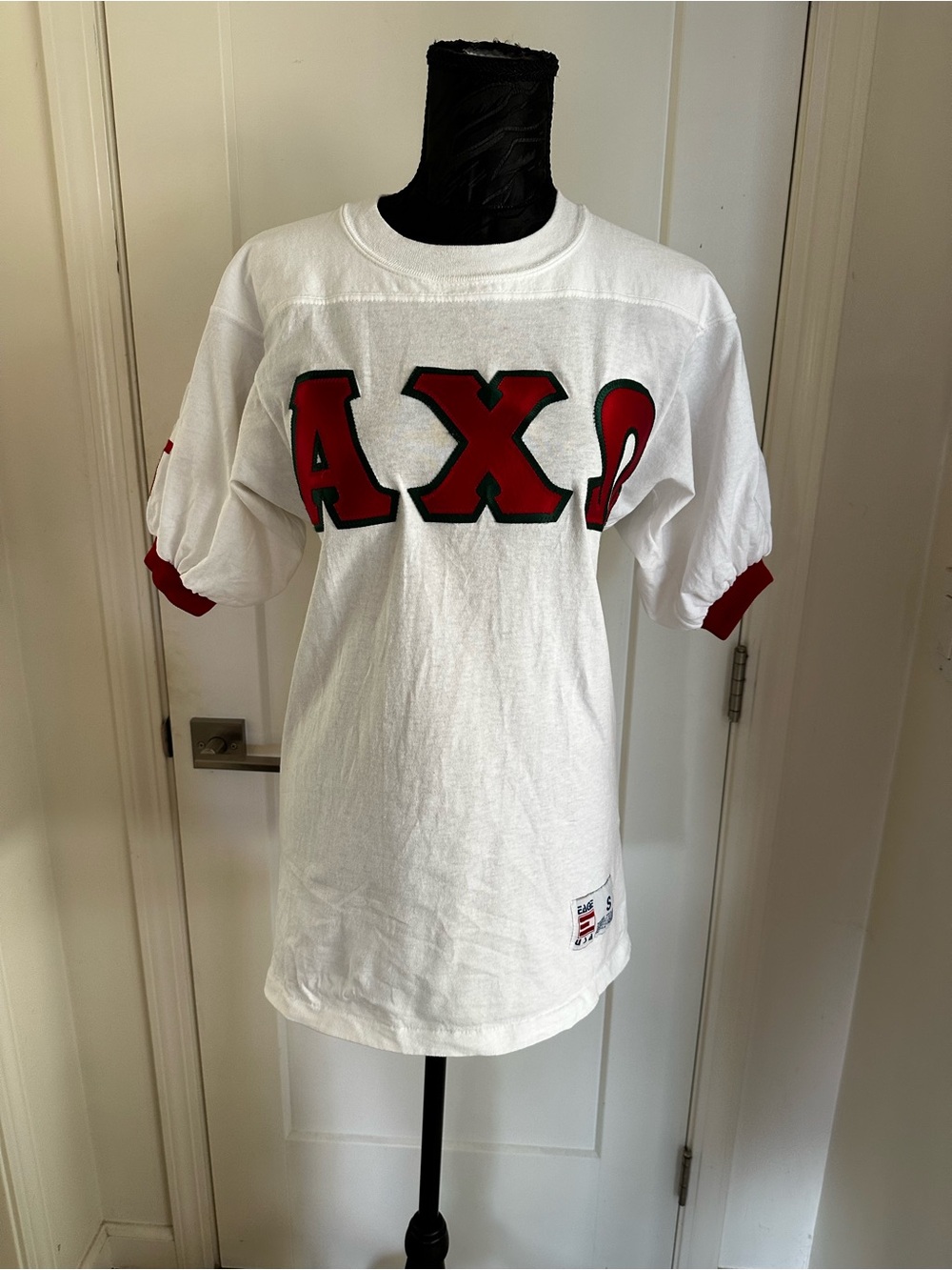 White Short Sleeve Ringer Tee with Red Accents